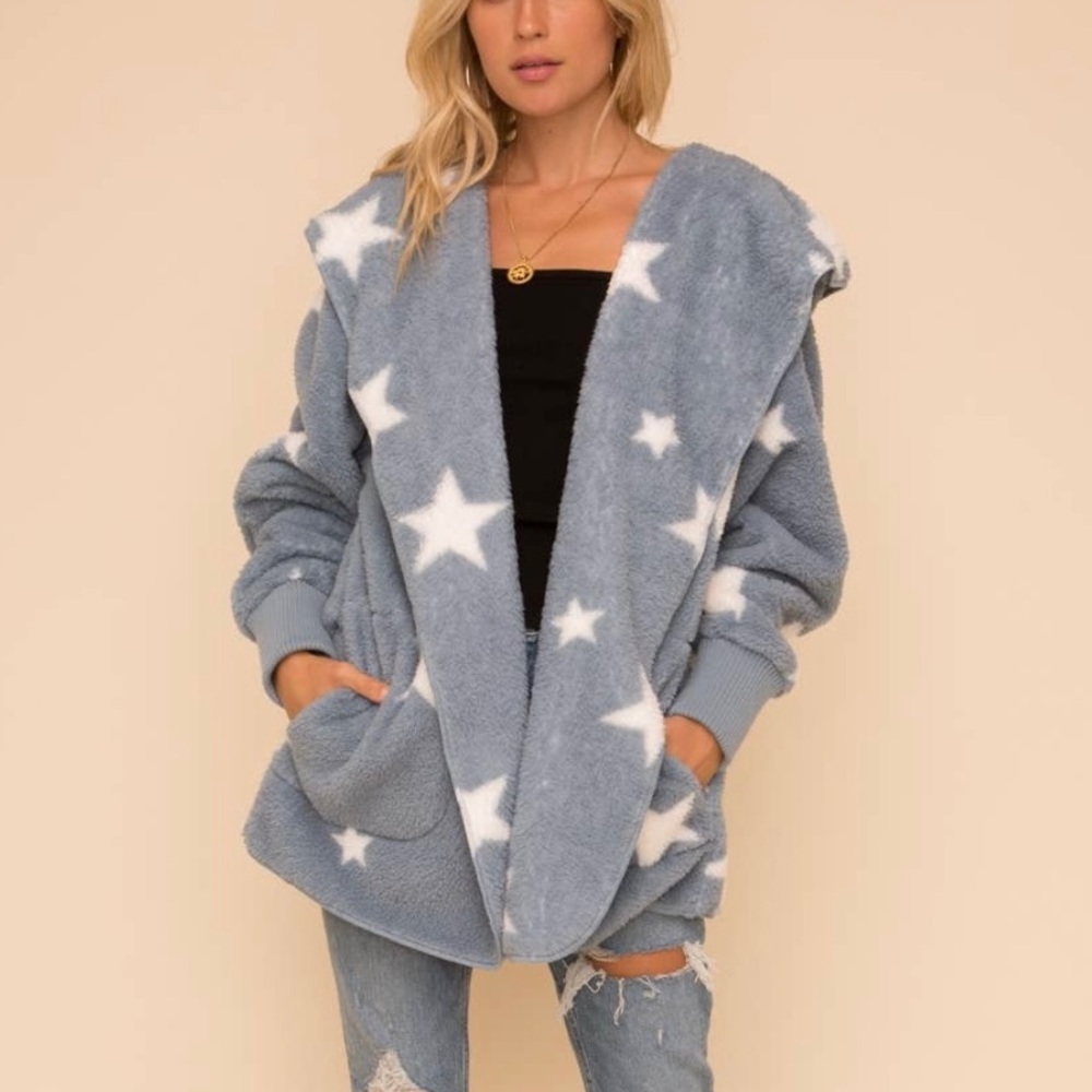 Starstruck Fur Jacket Open Coat with Cuffed Sleeve + Hood